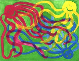 "3 pieuvres se serrent la main, gouache sur papier, janvier 99.